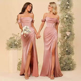 Off-the-shoulder Satin Bridesmaid Corset Ball Gown