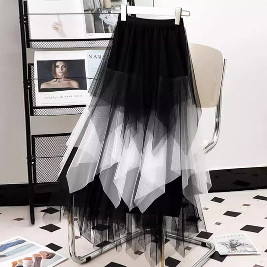 Contrast Color Irregular Tulle Skirt Women's New