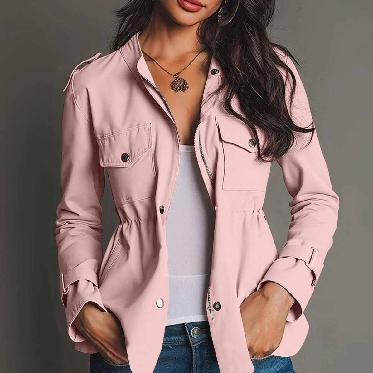 Long Sleeve Waist-tight Jacket Pocket Windbreaker Coat Women's Clothing