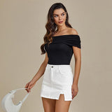 Women's Polyester Short Skirt Denim Mini Skirt Side Slit With Height Belt
