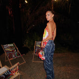 Women's Casual Water Wave Print Straight Leg Denim Pants