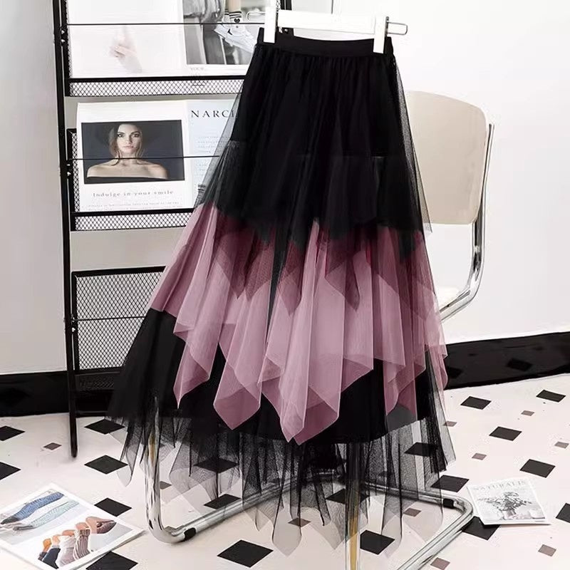 Contrast Color Irregular Tulle Skirt Women's New