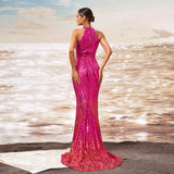 Round Neck Off-the-shoulder Slim-fit Sheath Sequined Banquet Fishtail Evening Dress
