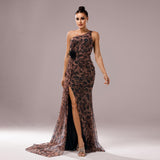 One-shoulder Diagonal Collar Leopard Sequined Evening Dress