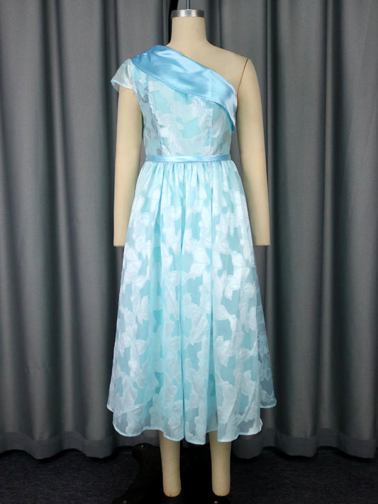 Women's Oblique Shoulder Contrast Color Evening Dress Jacquard Elegant Dress