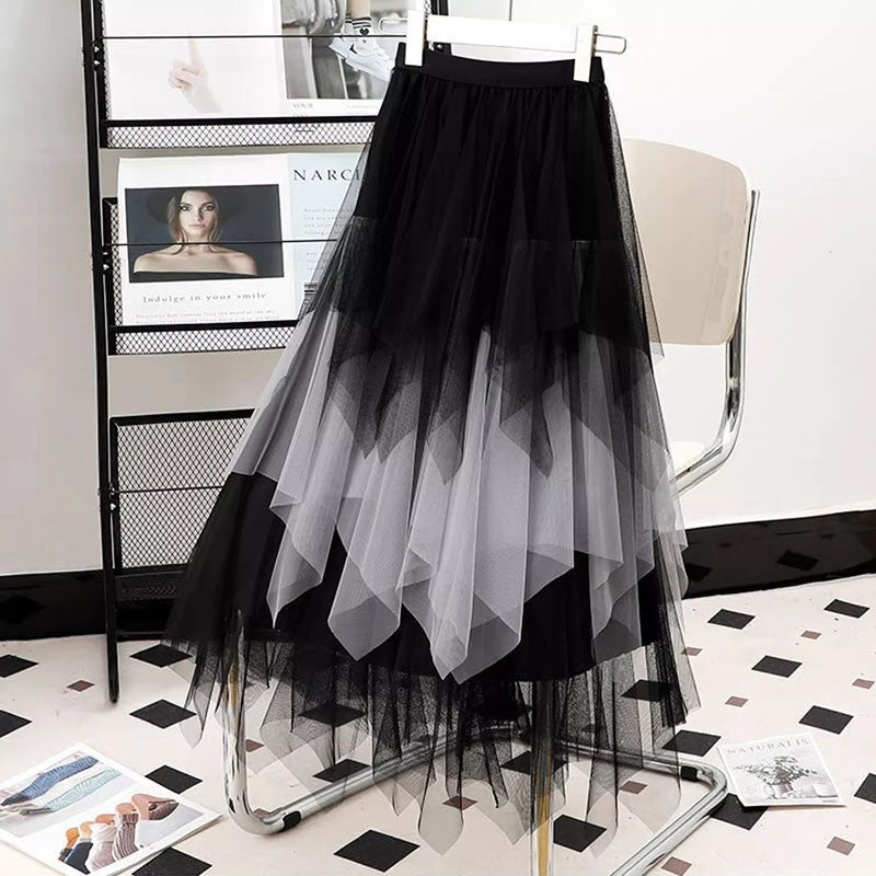 Contrast Color Irregular Tulle Skirt Women's New
