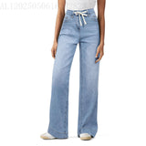 High Waist Elastic Straight Loose Drawstring Denim Trousers