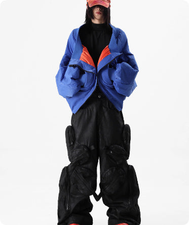 Black Loose-fitting Heavyweight Pure Cotton Cargo Pants With Multiple Pockets