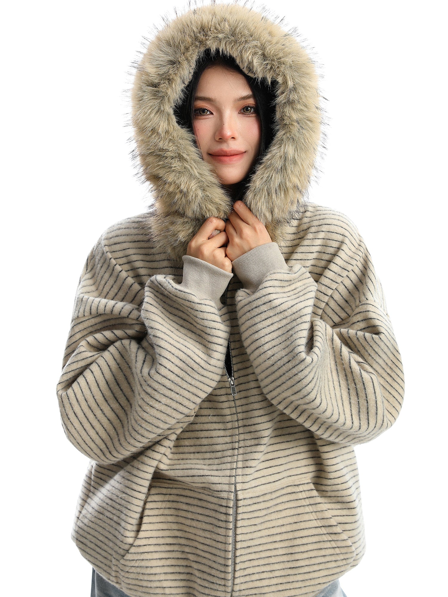 American Striped Detachable Big Fur Collar Hooded Sweater