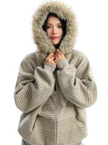 American Striped Detachable Big Fur Collar Hooded Sweater