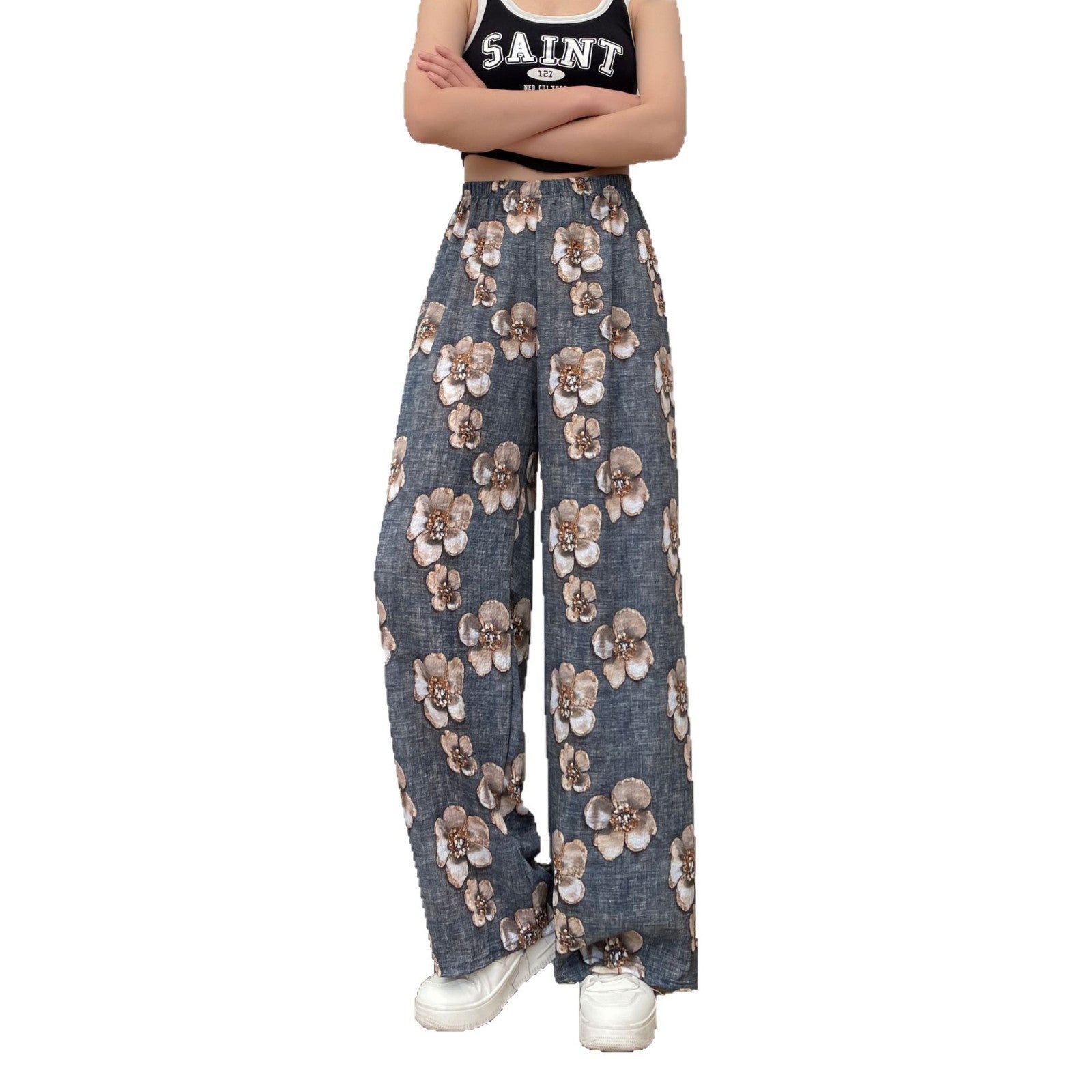 Women's Thin Casual High-waisted Loose Retro Printed Denim Straight-leg Pants