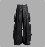 Black Loose-fitting Heavyweight Pure Cotton Cargo Pants With Multiple Pockets