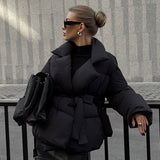 Waist-controlled Lace-up Lapel Long Sleeve Cotton Jacket