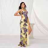 V-neck Brace Slim-fit Sheath Sequined Slit Evening Dress