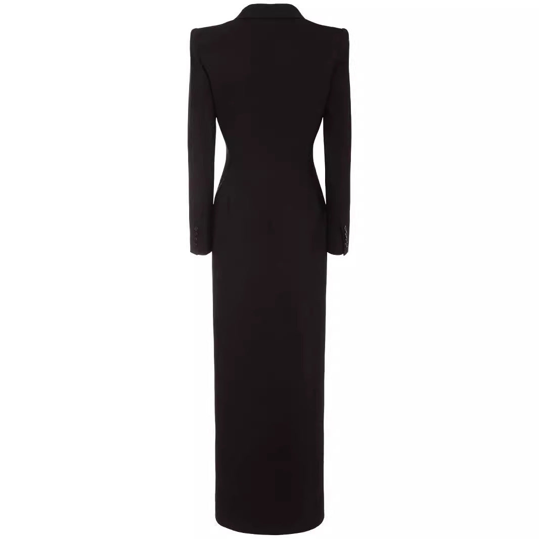 Elegant One Button Long Slim Black Suit Large Coat