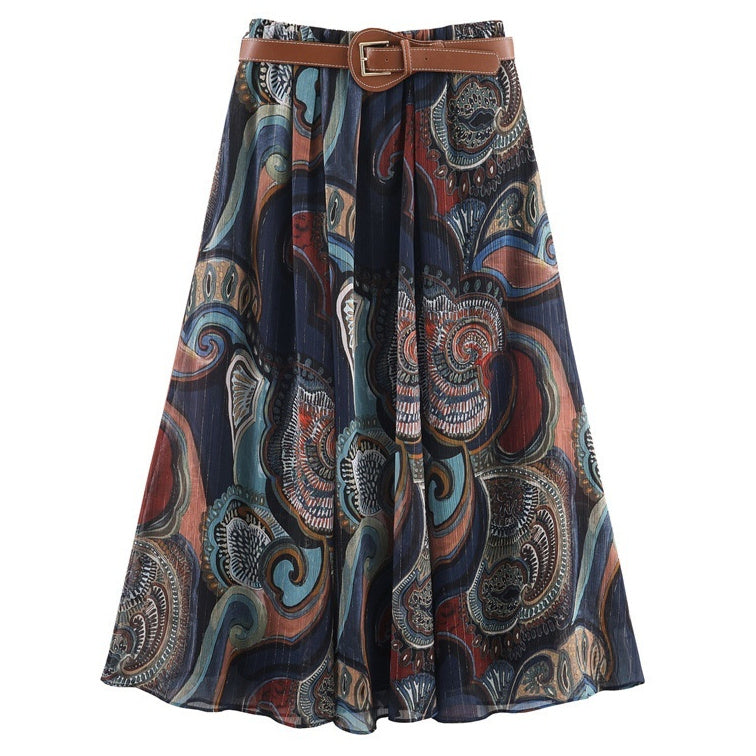 Women's Belt With Metallic Thread Print Skirt