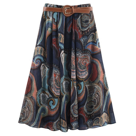 Women's Belt With Metallic Thread Print Skirt