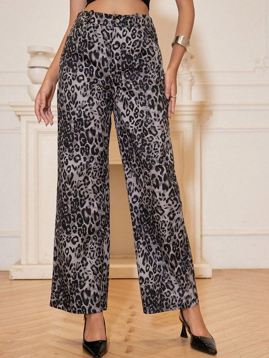 Autumn And Winter High-waisted Leopard Print Wide-leg Pants