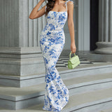 Floral Ruffle Back Tie Halter Maxi Bodycon Mermaid Dress With Multiple Patterns