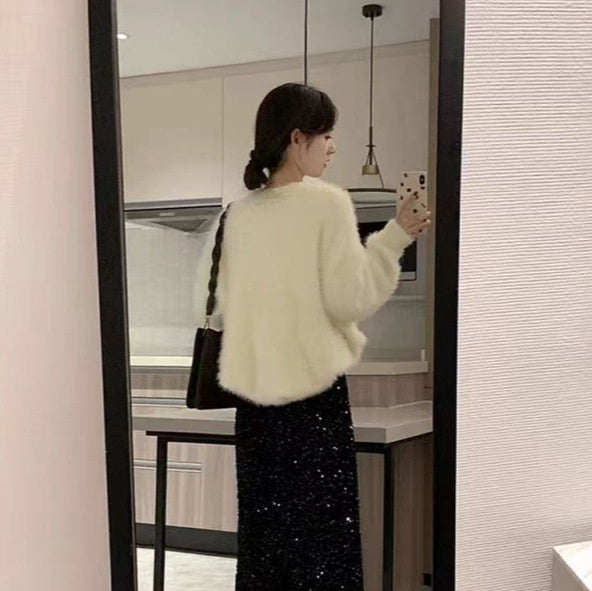 Women's Shiny High Waist Slit Black Overskirt