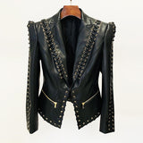 Fashion Heavy Industry Eyelet Rope Slim-fit Leather Coat Suit Jacket