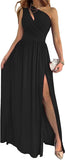 Women's One Shoulder High Split Cutout Sleeveless Elegant Sexy Cocktail Maxi Dress