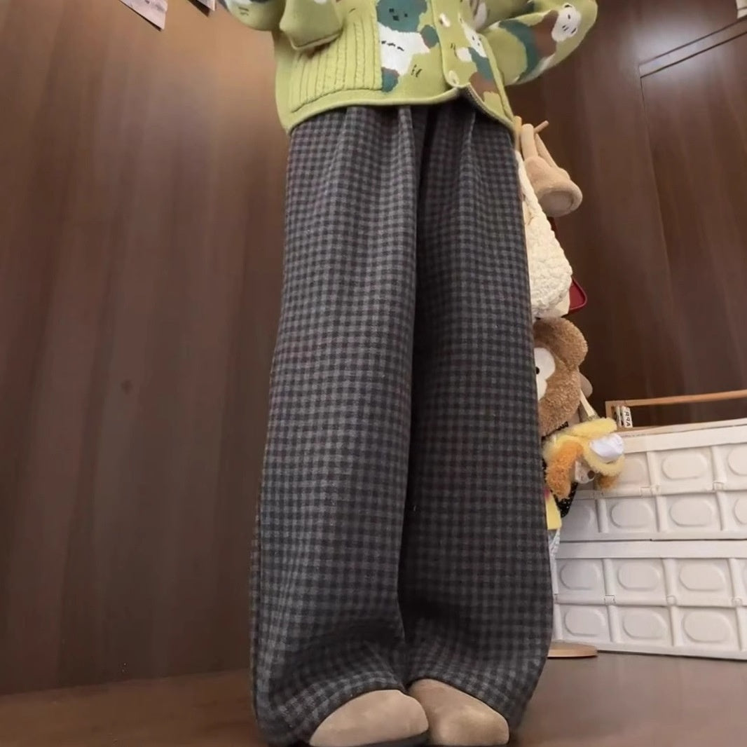 Loose And Versatile Fleece Plaid Wide-leg Pants For Women