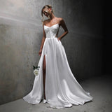 White Satin Slit Pocket Bandage Wedding Dress