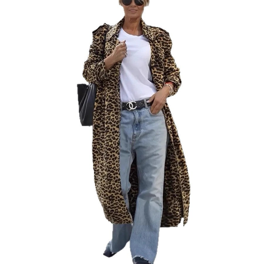 Leopard Print Women's Ultra-long Slim-fit Large Lapel Coat