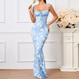 Floral Ruffle Back Tie Halter Maxi Bodycon Mermaid Dress With Multiple Patterns