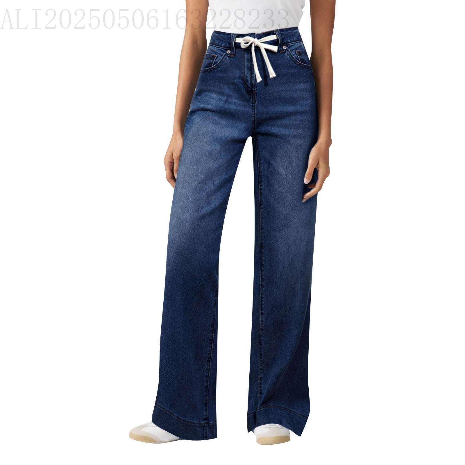 High Waist Elastic Straight Loose Drawstring Denim Trousers