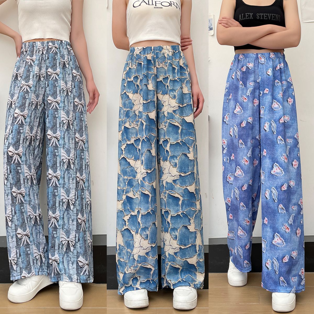Women's Thin Casual High-waisted Loose Retro Printed Denim Straight-leg Pants