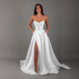 White Satin Slit Pocket Bandage Wedding Dress