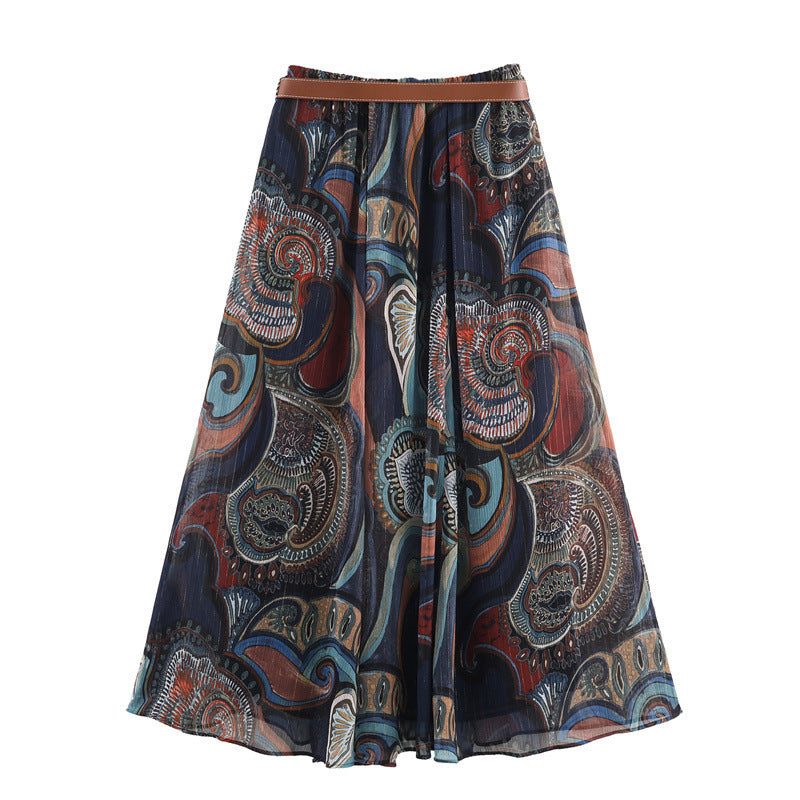 Women's Belt With Metallic Thread Print Skirt