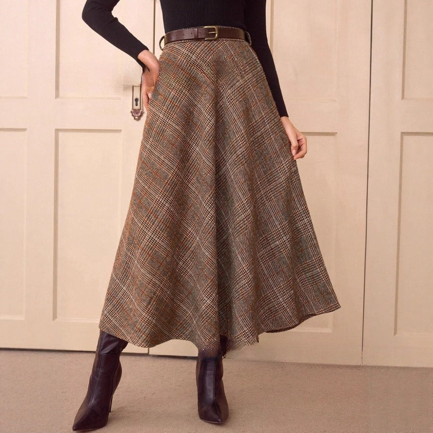 Elegant Retro Women's High Waist Plaid Ribbon Pocket Casual Skirt