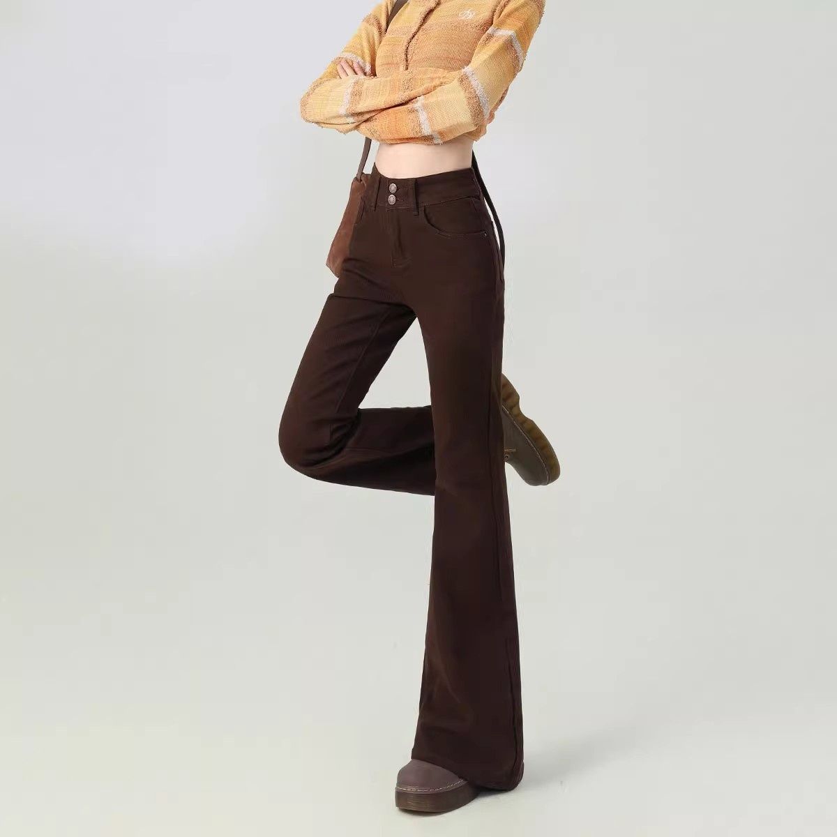 Brown High-waisted Slimming Maillard Flared Pants For Petite