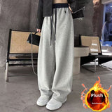 Embroidered Color-block High-waist Fleece Wide-leg Pants Women