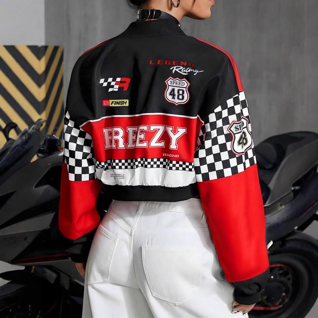 Women's Loose Fashion Short Letters Casual Zipper Jacket Coat