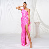 One-shoulder Diagonal Collar Sequined Slit Evening Dress