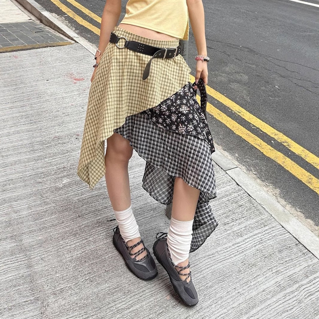 Niche Waste Soil Wind Street Irregular Plaid Floral Slimming Skirt