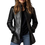 Women's Stand Collar Long Sleeve Distressed Fashion Leather Jacket Coat