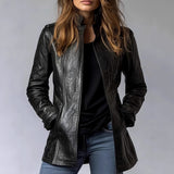 Women's Stand Collar Long Sleeve Distressed Fashion Leather Jacket Coat
