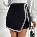 Women's Polyester Sequin Stitching Slit Pantskirt