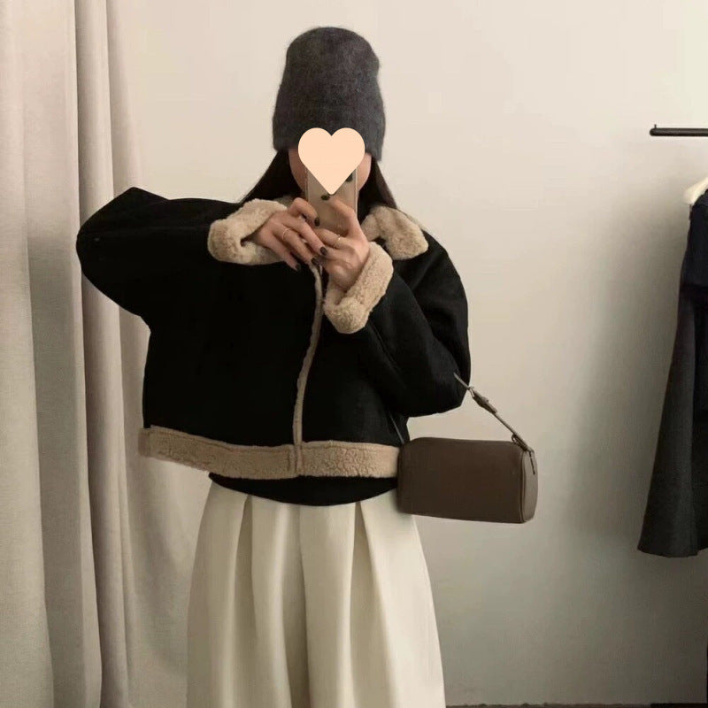 Retro Stand Collar Short One-piece Coat Women's Winter New Fur Lamb Wool