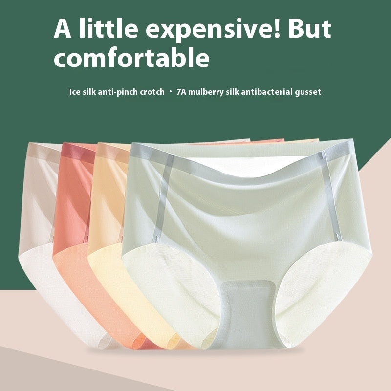 Ice Silk Underwear Women's Traceless Mid Waist Silk Antibacterial Girl Student Pure Cotton