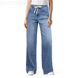 High Waist Elastic Straight Loose Drawstring Denim Trousers