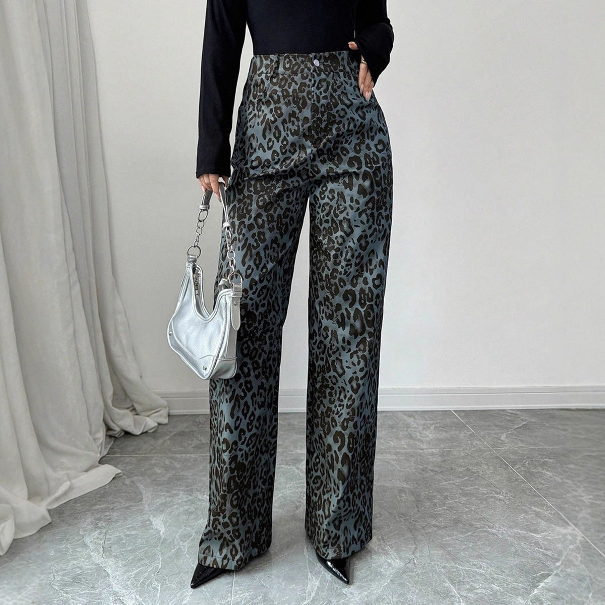 Autumn And Winter High-waisted Leopard Print Wide-leg Pants