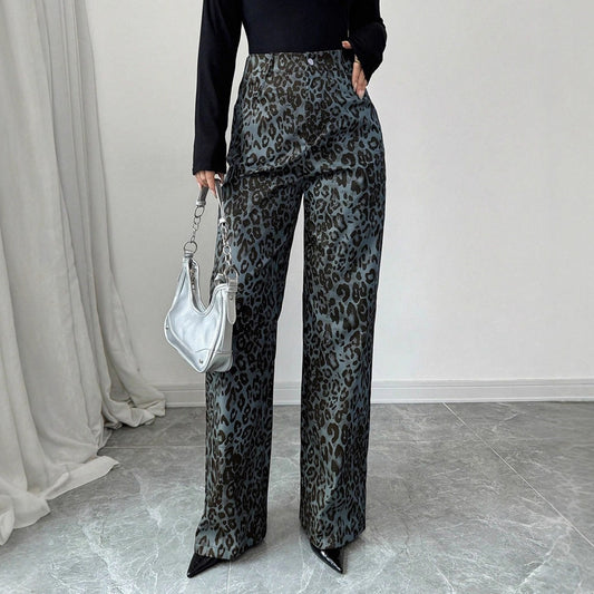 Autumn And Winter High-waisted Leopard Print Wide-leg Pants