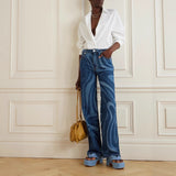Women's Casual Water Wave Print Straight Leg Denim Pants