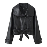 Trendy Wild Two-color Double Breasted Short Lace Up Leather Coat